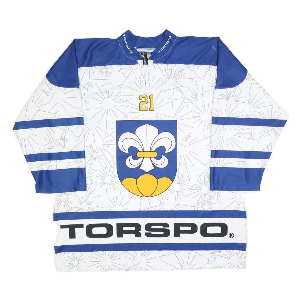 JERSEY 53 Mens White & Blue Graphic T-Shirt 2XL Long Sleeve 1/4 Zip Polyester