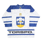 JERSEY 53 Mens White & Blue Graphic T-Shirt 2XL Long Sleeve 1/4 Zip Polyester