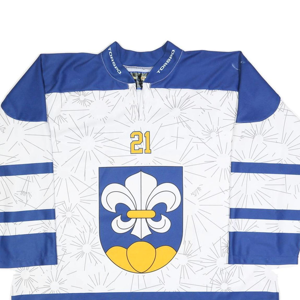 JERSEY 53 Mens White & Blue Graphic T-Shirt 2XL Long Sleeve 1/4 Zip Polyester