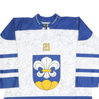 JERSEY 53 Mens White & Blue Graphic T-Shirt 2XL Long Sleeve 1/4 Zip Polyester