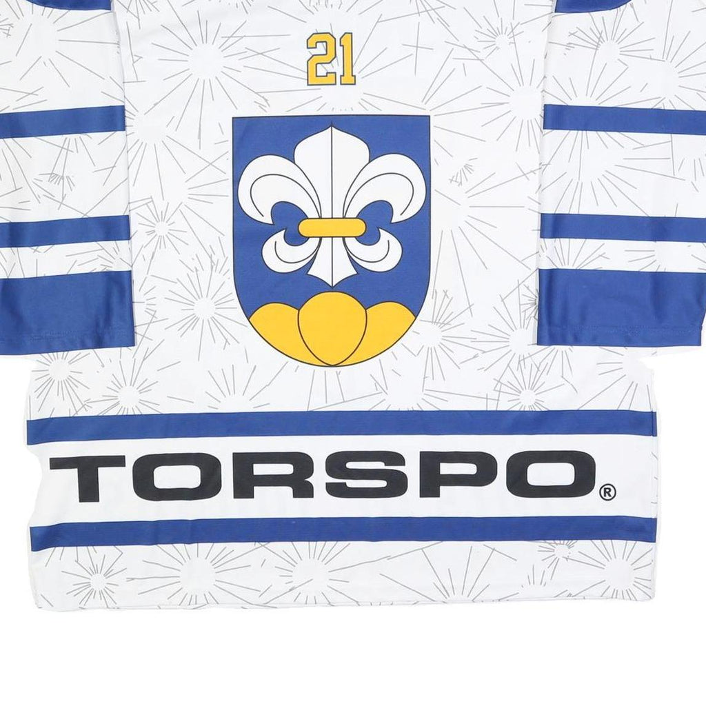 JERSEY 53 Mens White & Blue Graphic T-Shirt 2XL Long Sleeve 1/4 Zip Polyester