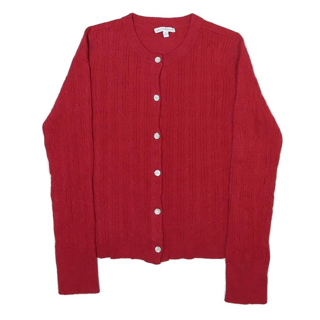 EMILY DANIELS Womens Red Patterned Cardigan Round Neck Basic Knit S Elegant
