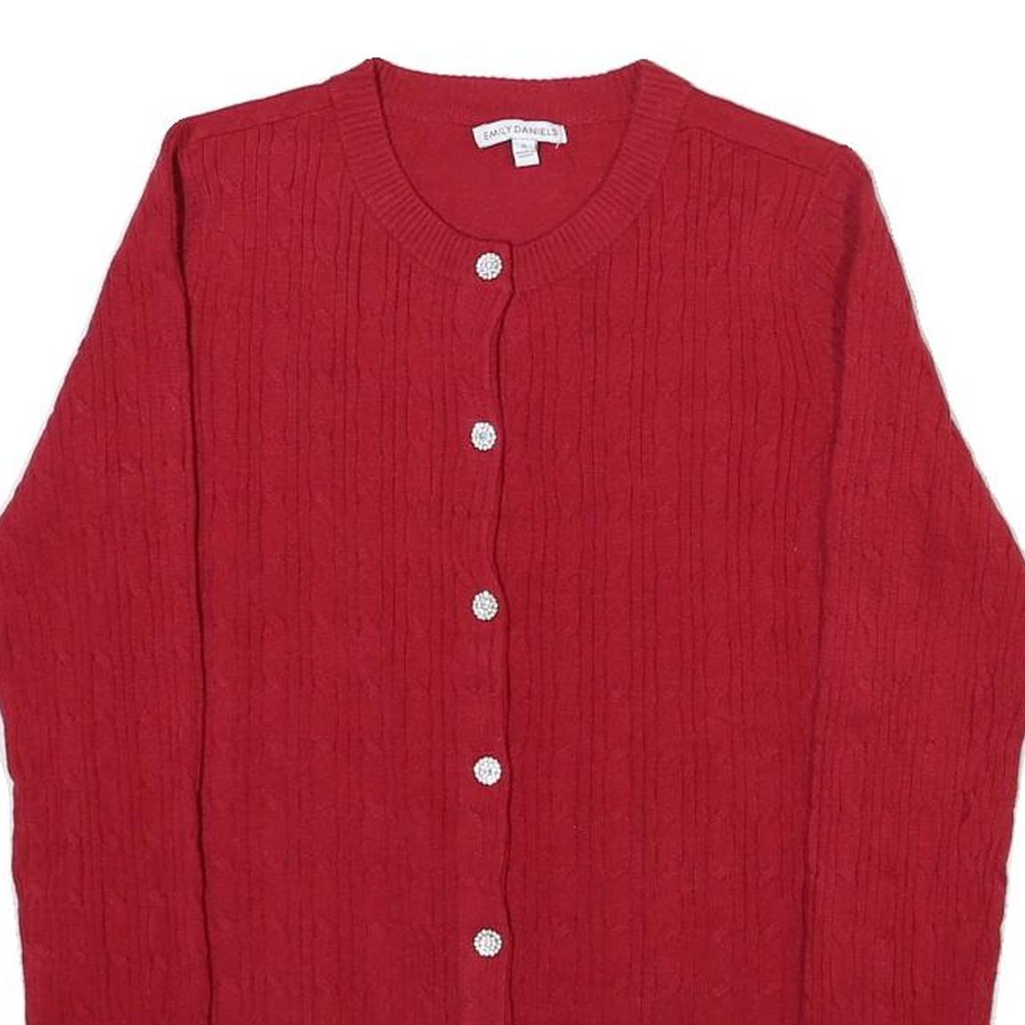 EMILY DANIELS Womens Red Patterned Cardigan Round Neck Basic Knit S Elegant