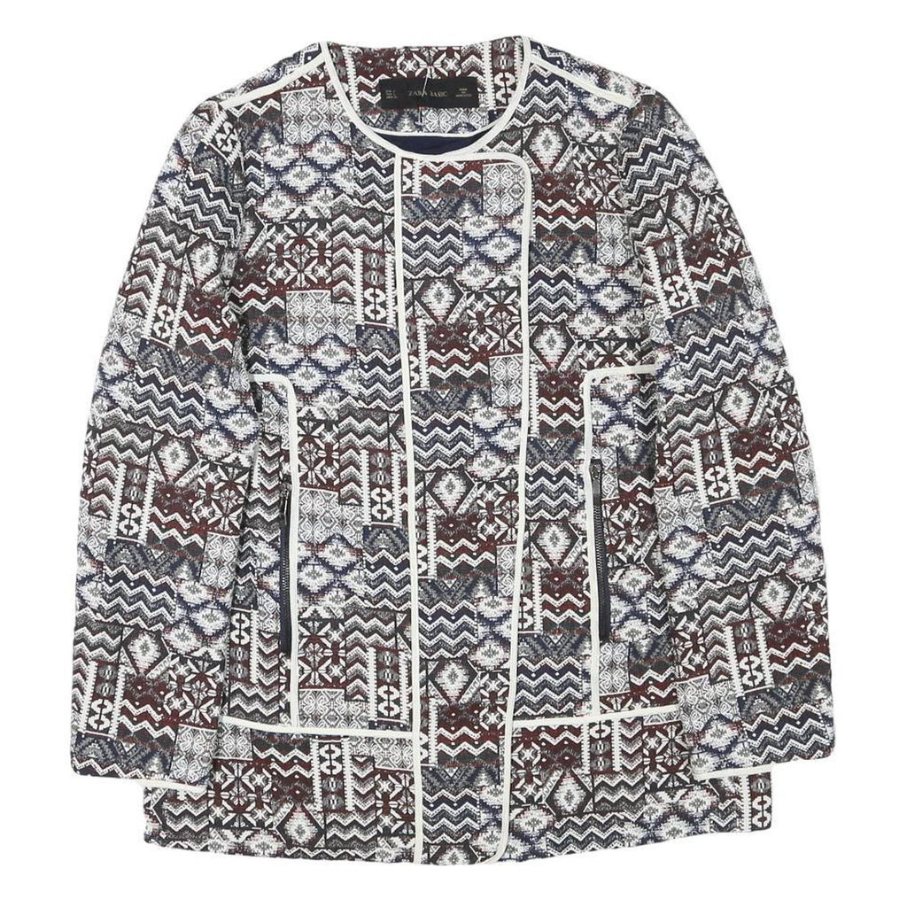 ZARA BASIC Womens Blue Brown White Cotton Blend Jacket L Patchwork Zip Patterned