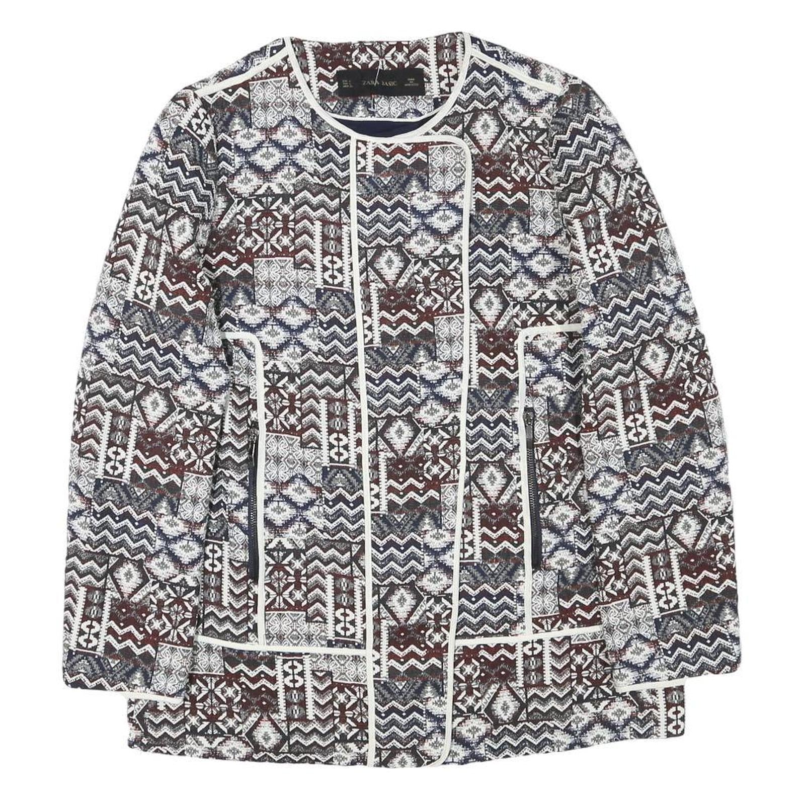 ZARA BASIC Womens Blue Brown White Cotton Blend Jacket L Patchwork Zip Patterned