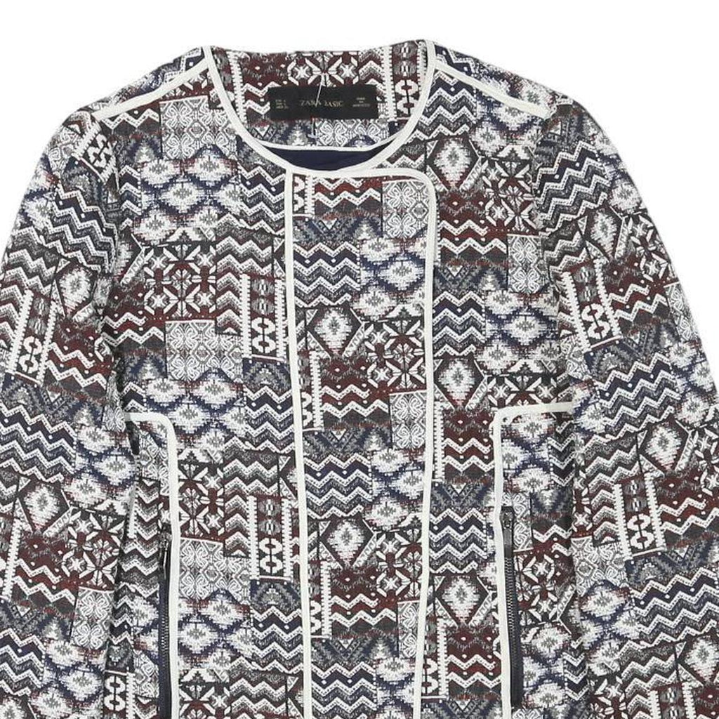 ZARA BASIC Womens Blue Brown White Cotton Blend Jacket L Patchwork Zip Patterned