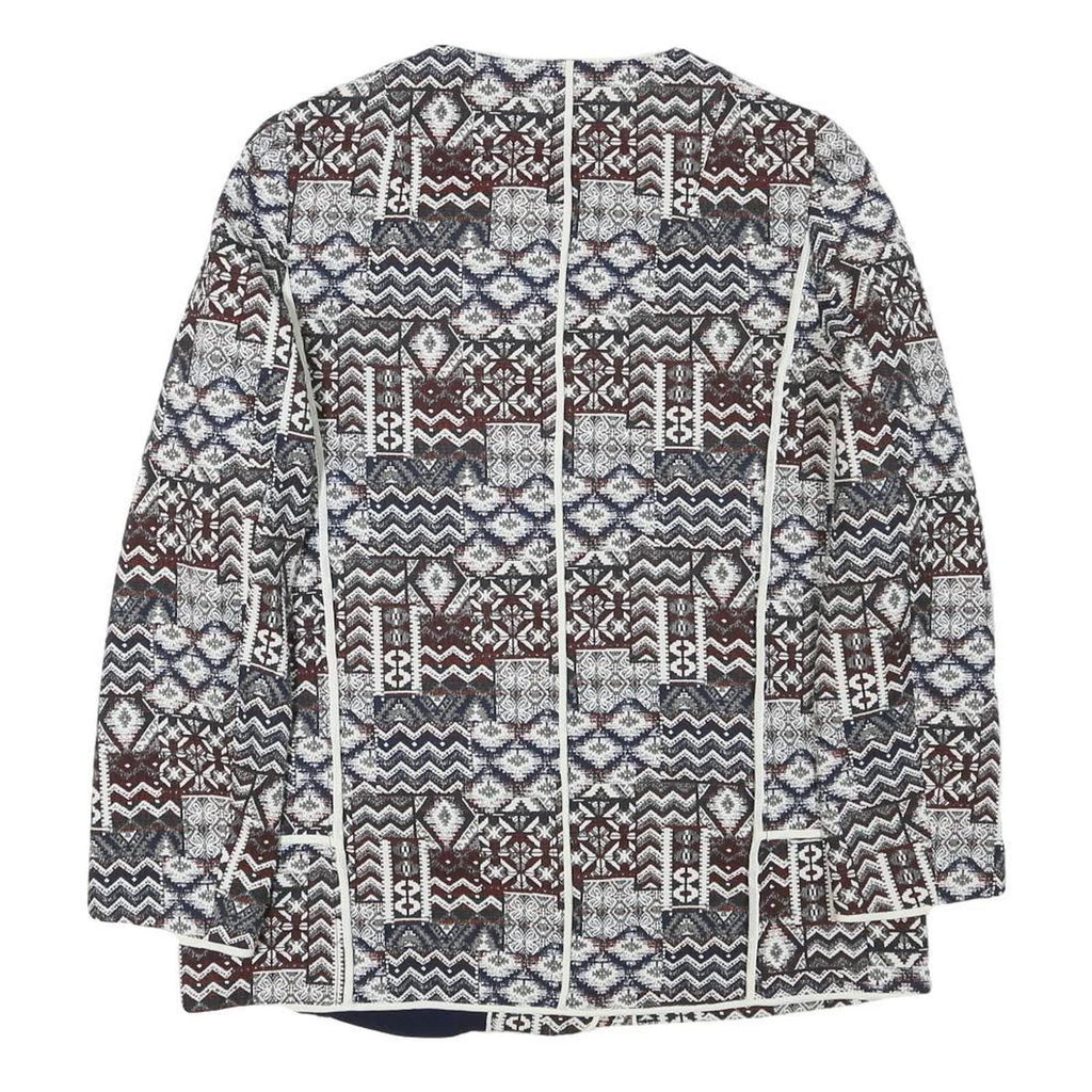 ZARA BASIC Womens Blue Brown White Cotton Blend Jacket L Patchwork Zip Patterned
