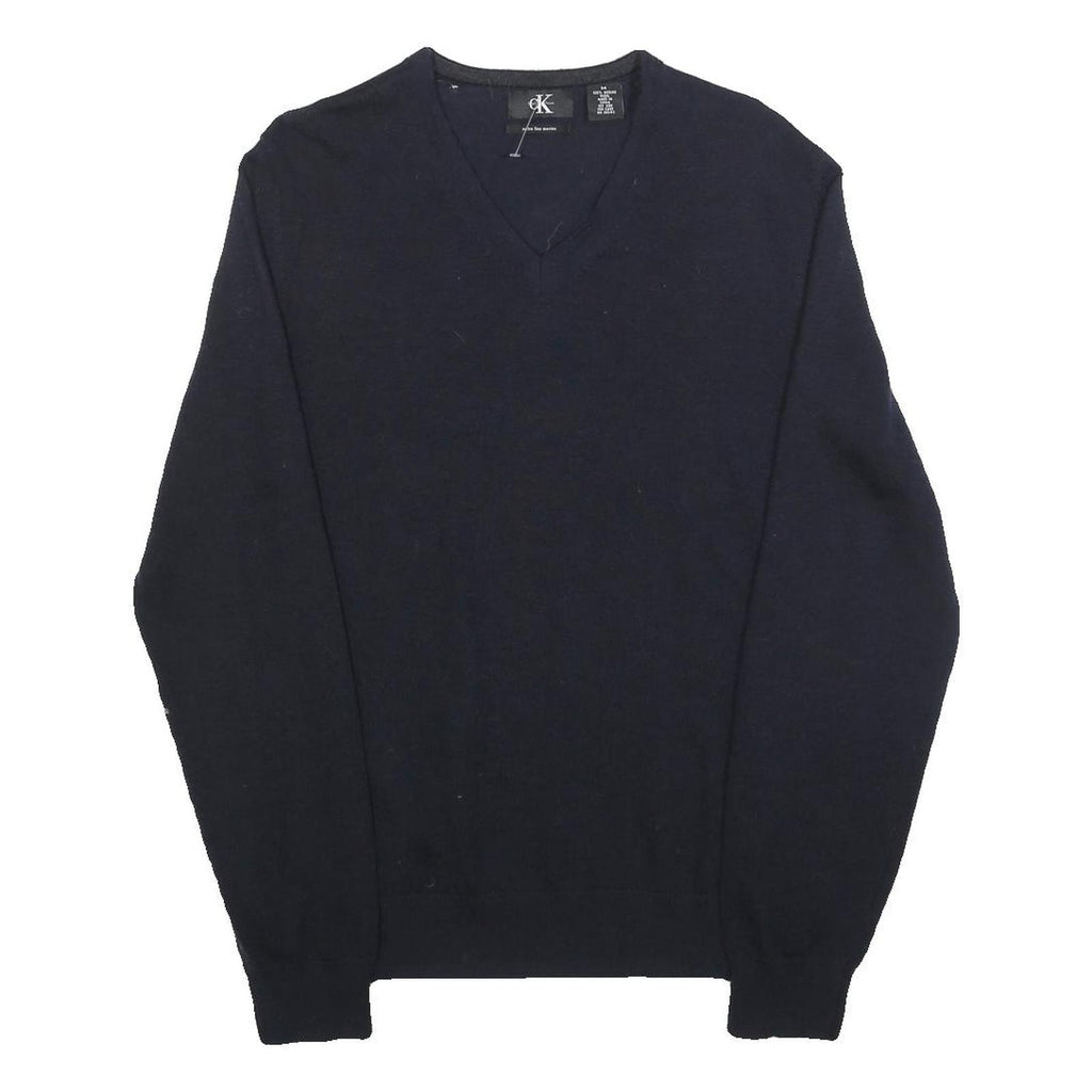 CALVIN KLEIN Mens Navy Plain V-Neck Basic Knit Jumper M Wool Classic Soft