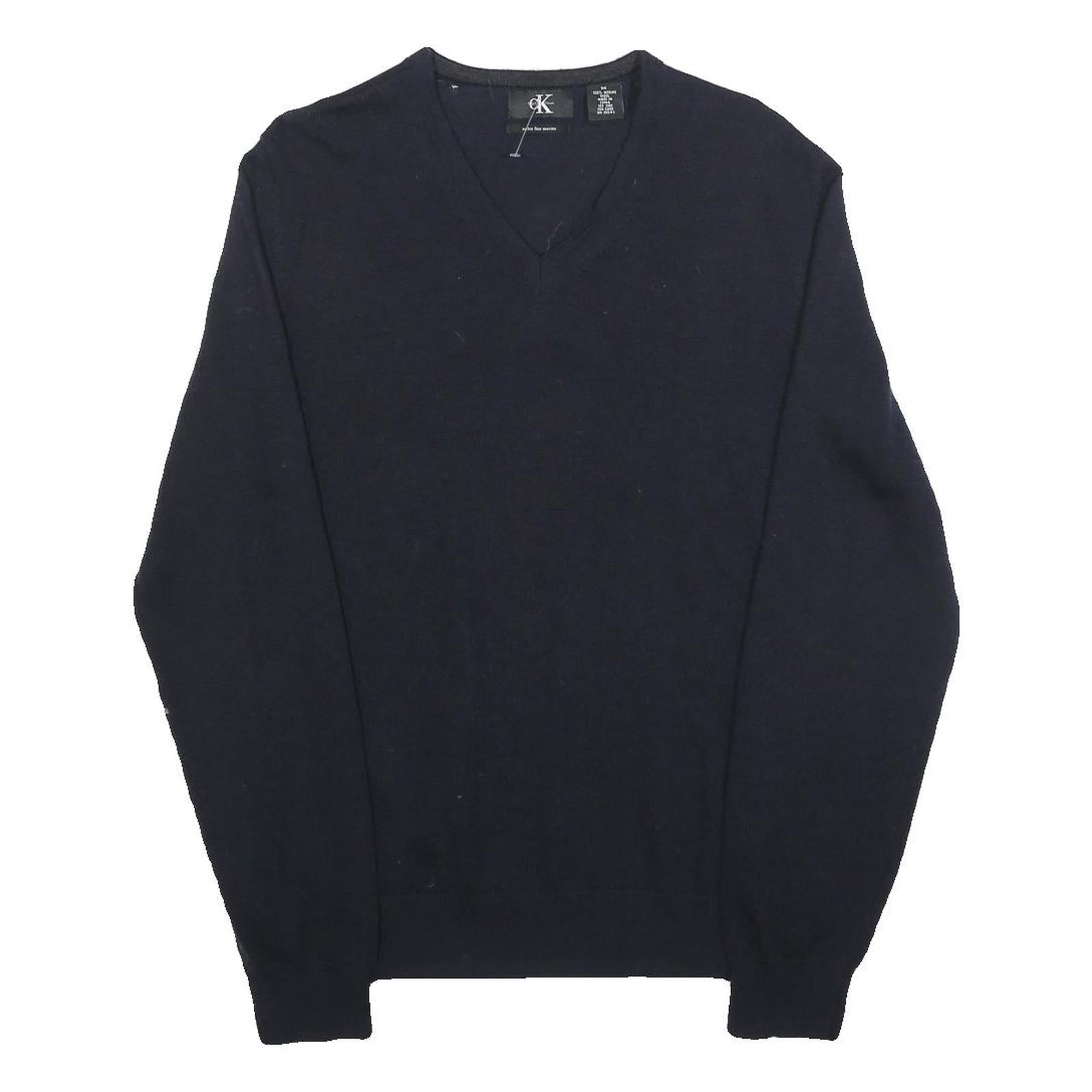 CALVIN KLEIN Mens Navy Plain V-Neck Basic Knit Jumper M Wool Classic Soft