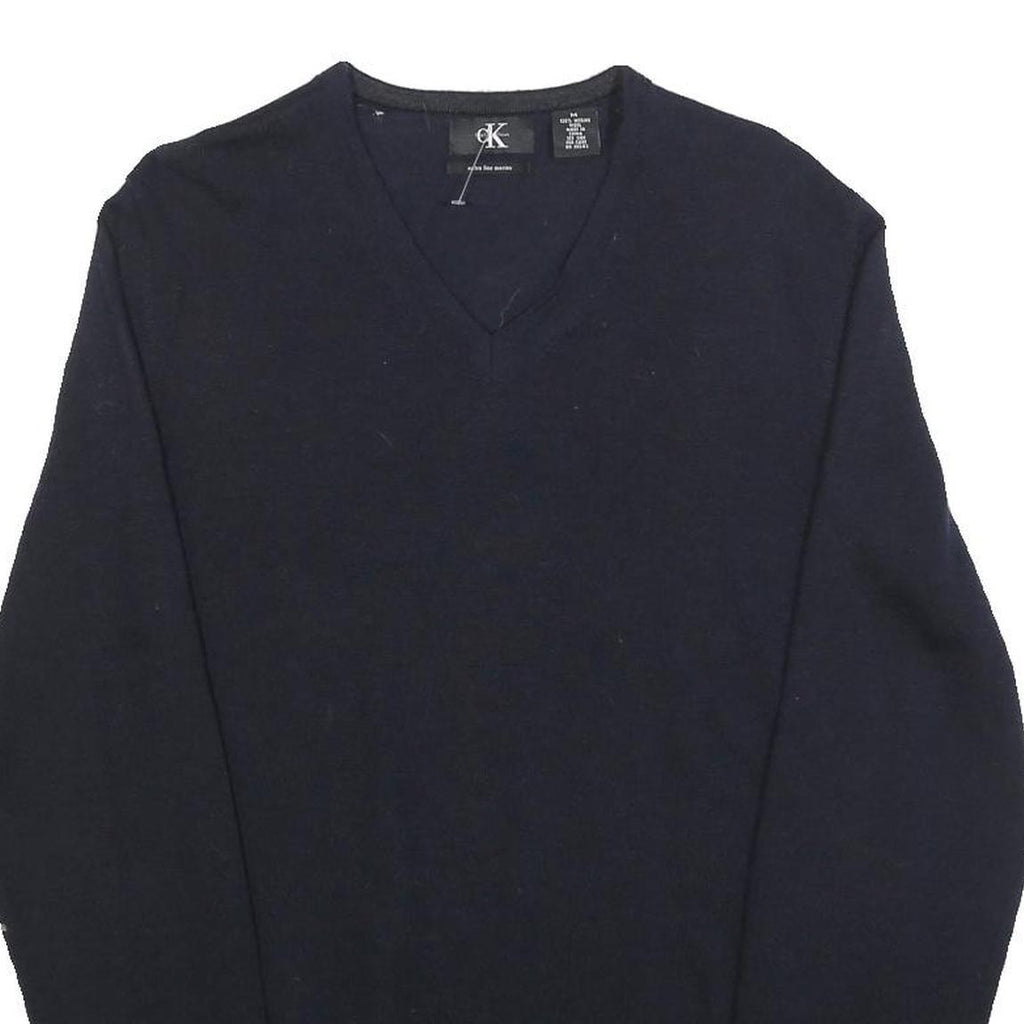 CALVIN KLEIN Mens Navy Plain V-Neck Basic Knit Jumper M Wool Classic Soft