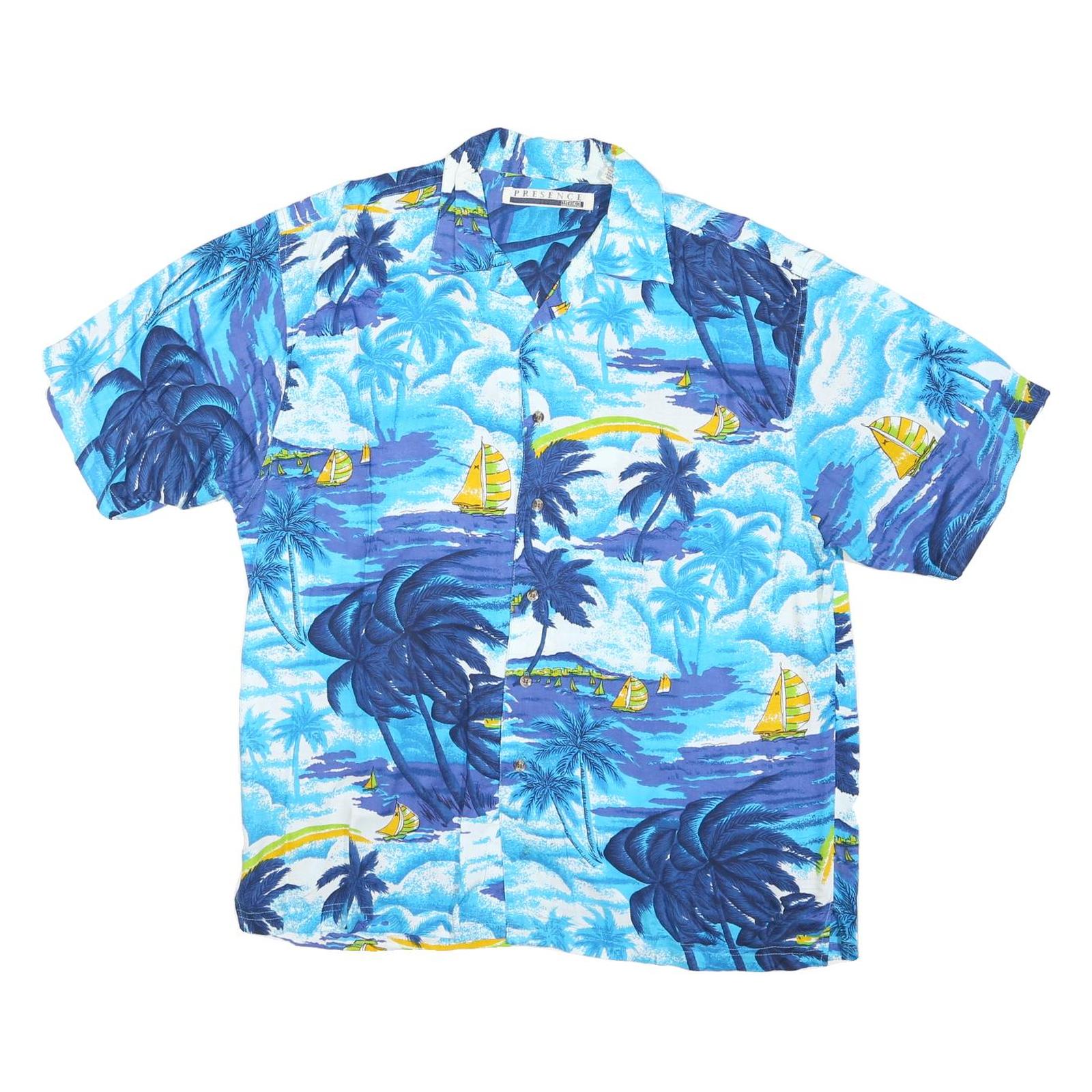 PRESENCE Womens Blue Tropical Print Shirt M Polyester Blend Short Sleeve Summer