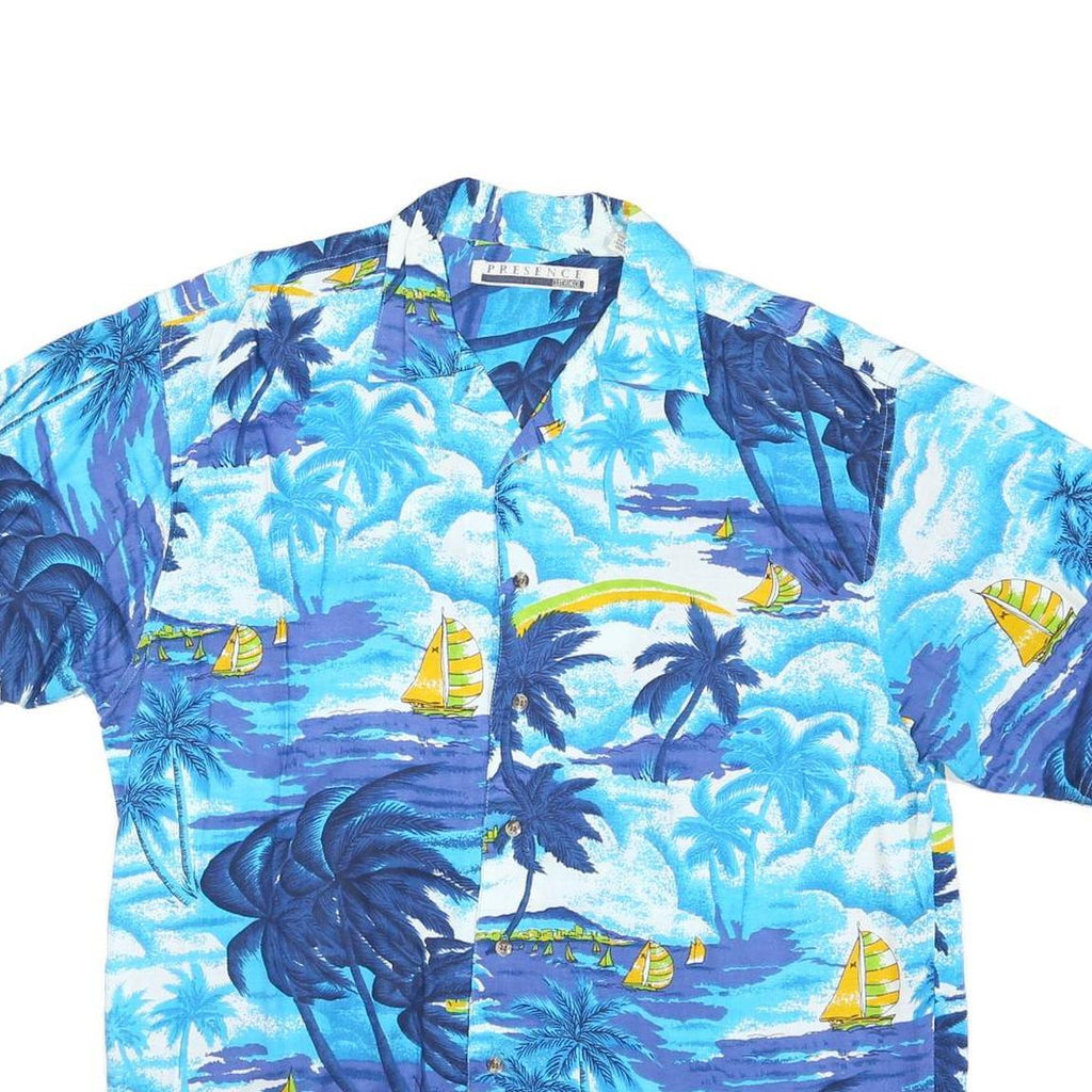 PRESENCE Womens Blue Tropical Print Shirt M Polyester Blend Short Sleeve Summer