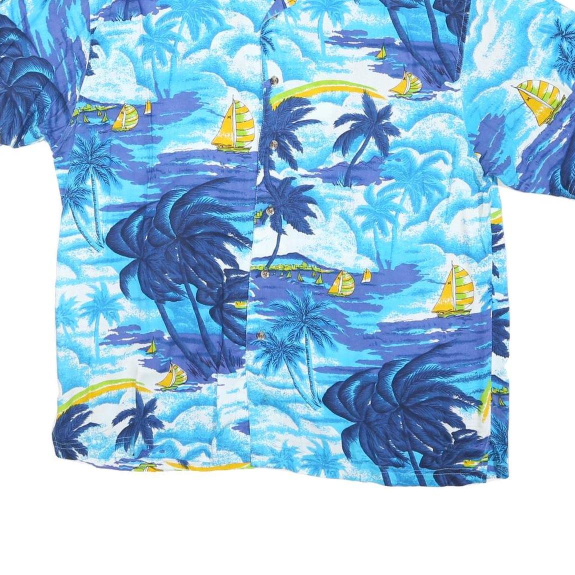 PRESENCE Womens Blue Tropical Print Shirt M Polyester Blend Short Sleeve Summer