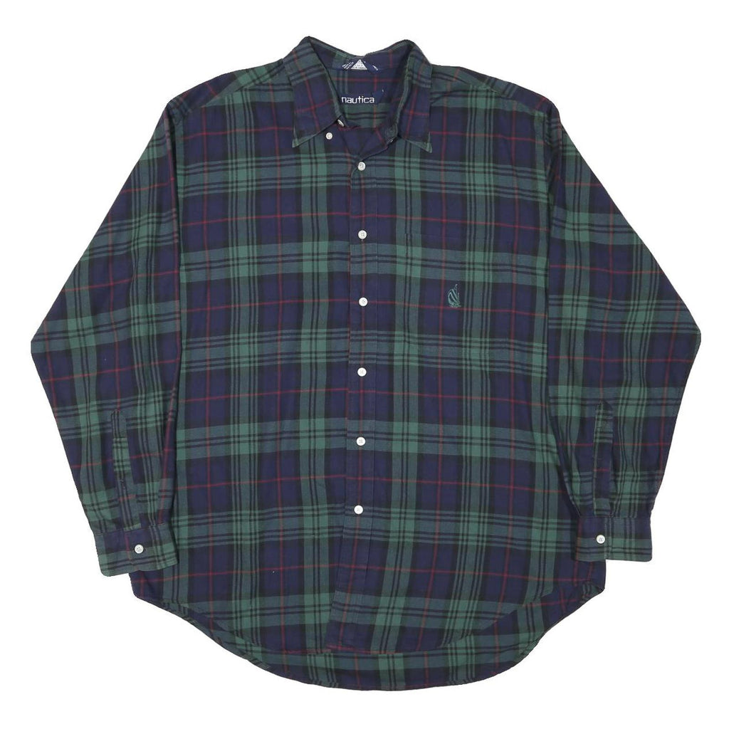 NAUTICA Mens Green & Blue Checked Shirt L Classic Cotton Blend Long Sleeve