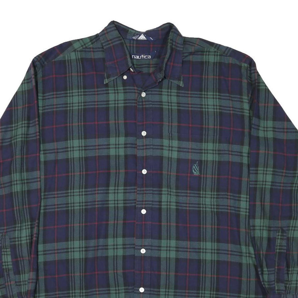 NAUTICA Mens Green & Blue Checked Shirt L Classic Cotton Blend Long Sleeve