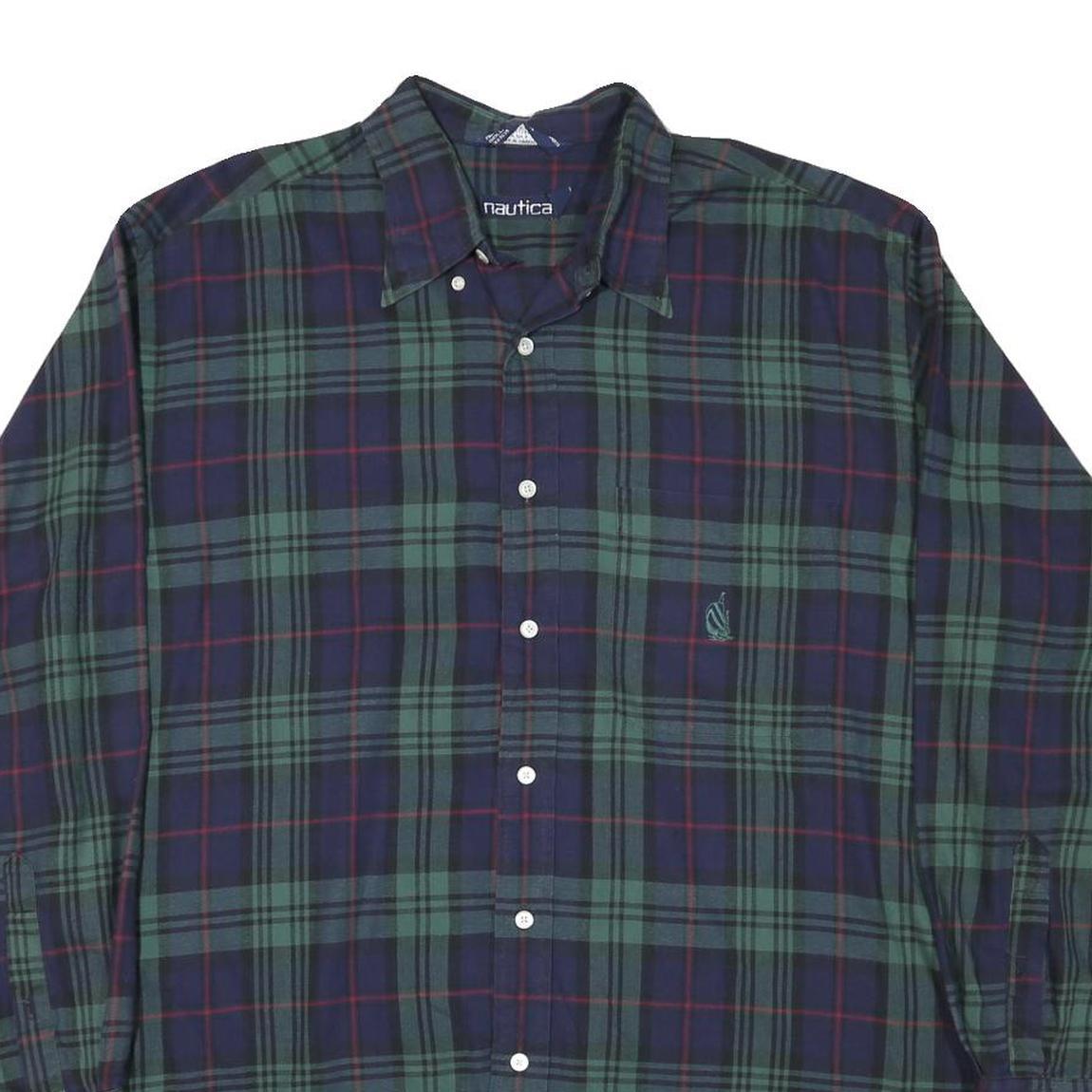 NAUTICA Mens Green & Blue Checked Shirt L Classic Cotton Blend Long Sleeve