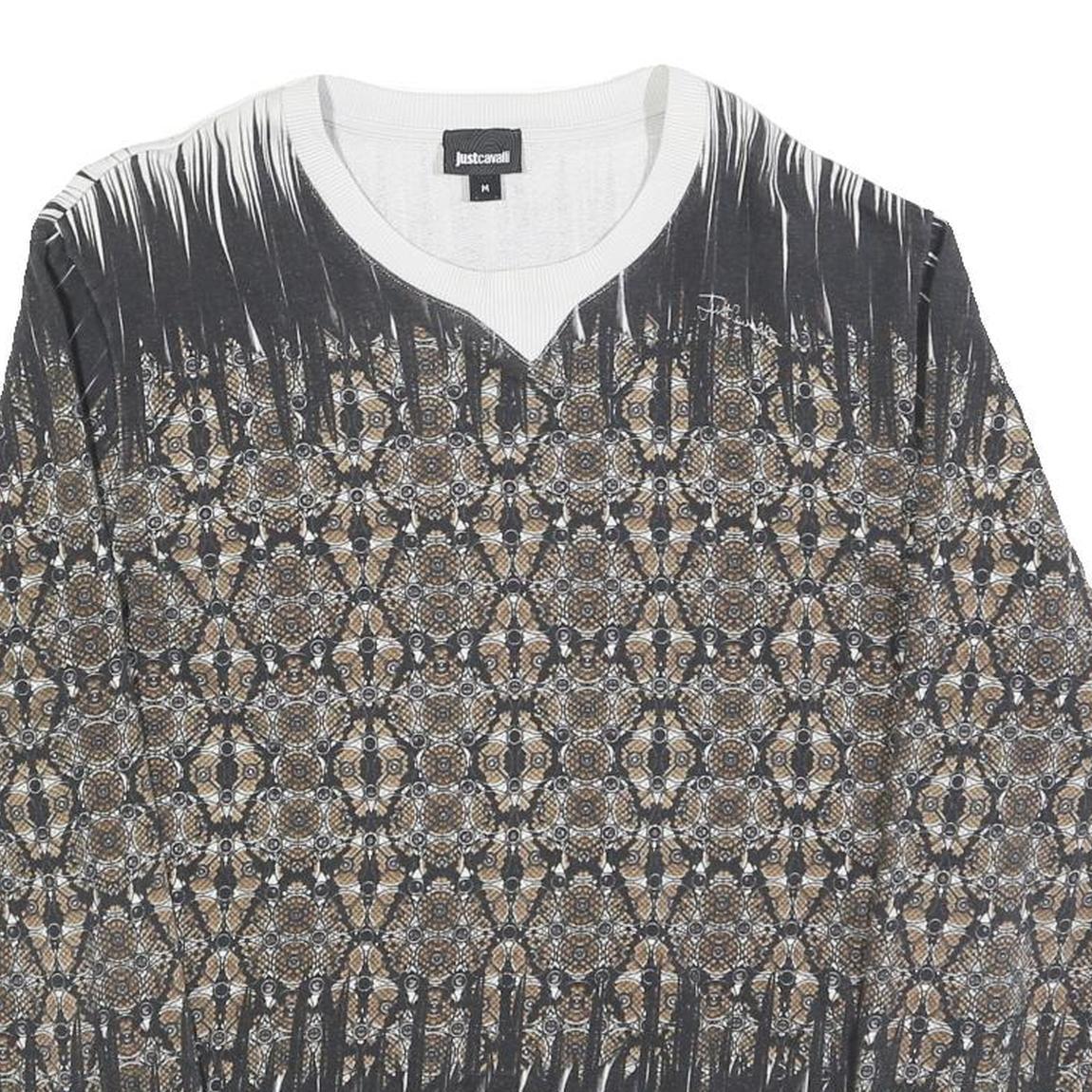 JUST CAVALLI Mens Black & Beige Patterned Crew Neck M Artistic Sweatshirt