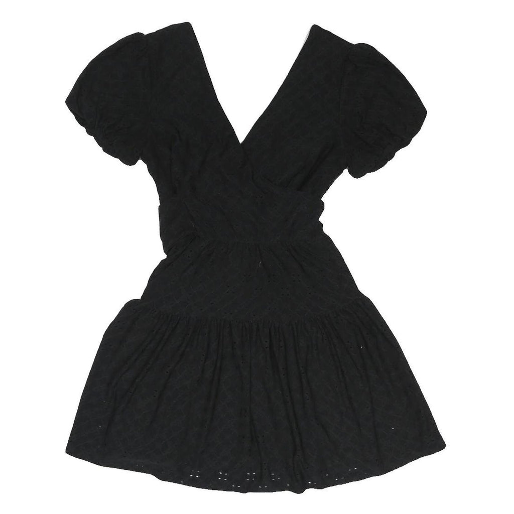 TOPSHOP Womens Black Fit & Flare Woven Mini Dress UK 8 Puff Sleeve V Neck