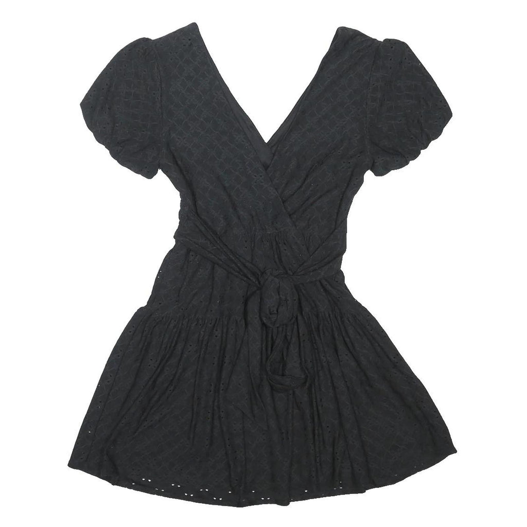 TOPSHOP Womens Black Fit & Flare Woven Mini Dress UK 8 Puff Sleeve V Neck