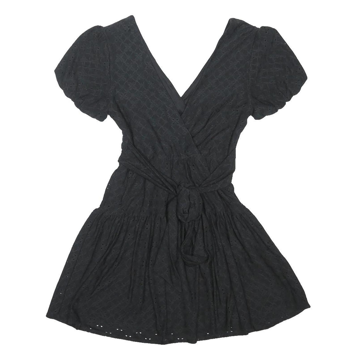 TOPSHOP Womens Black Fit & Flare Woven Mini Dress UK 8 Puff Sleeve V Neck
