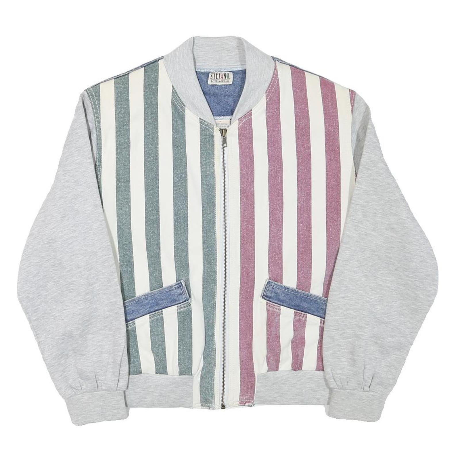 STEFANO Mens Blue & Pink Striped Cotton Blend Bomber Jacket M Casual Retro Zip