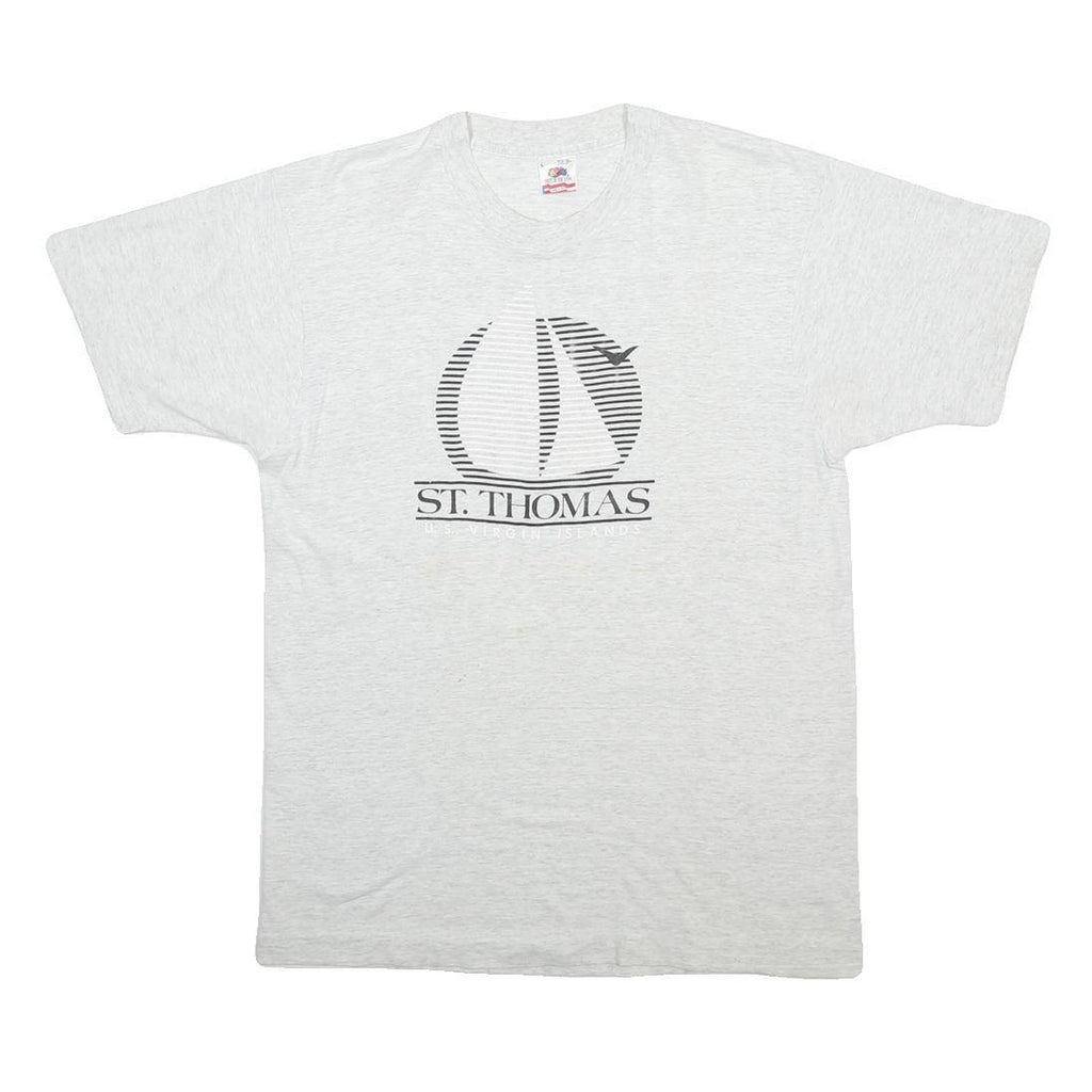 FRUIT OF THE LOOM Mens White St Thomas Graphic T-Shirt L Short Sleeve Crew Neck
