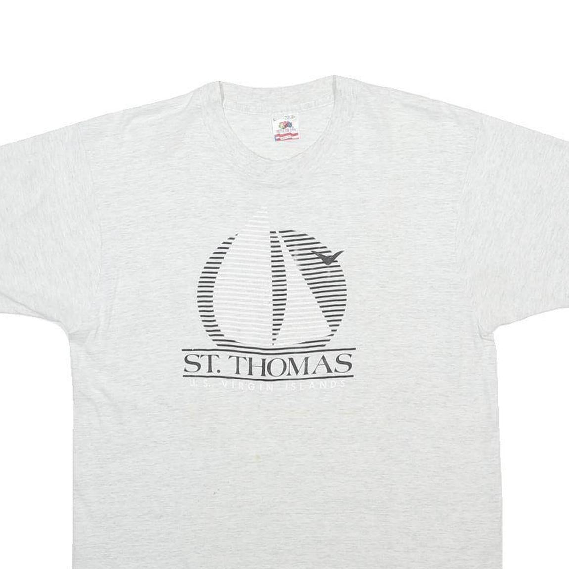 FRUIT OF THE LOOM Mens White St Thomas Graphic T-Shirt L Short Sleeve Crew Neck