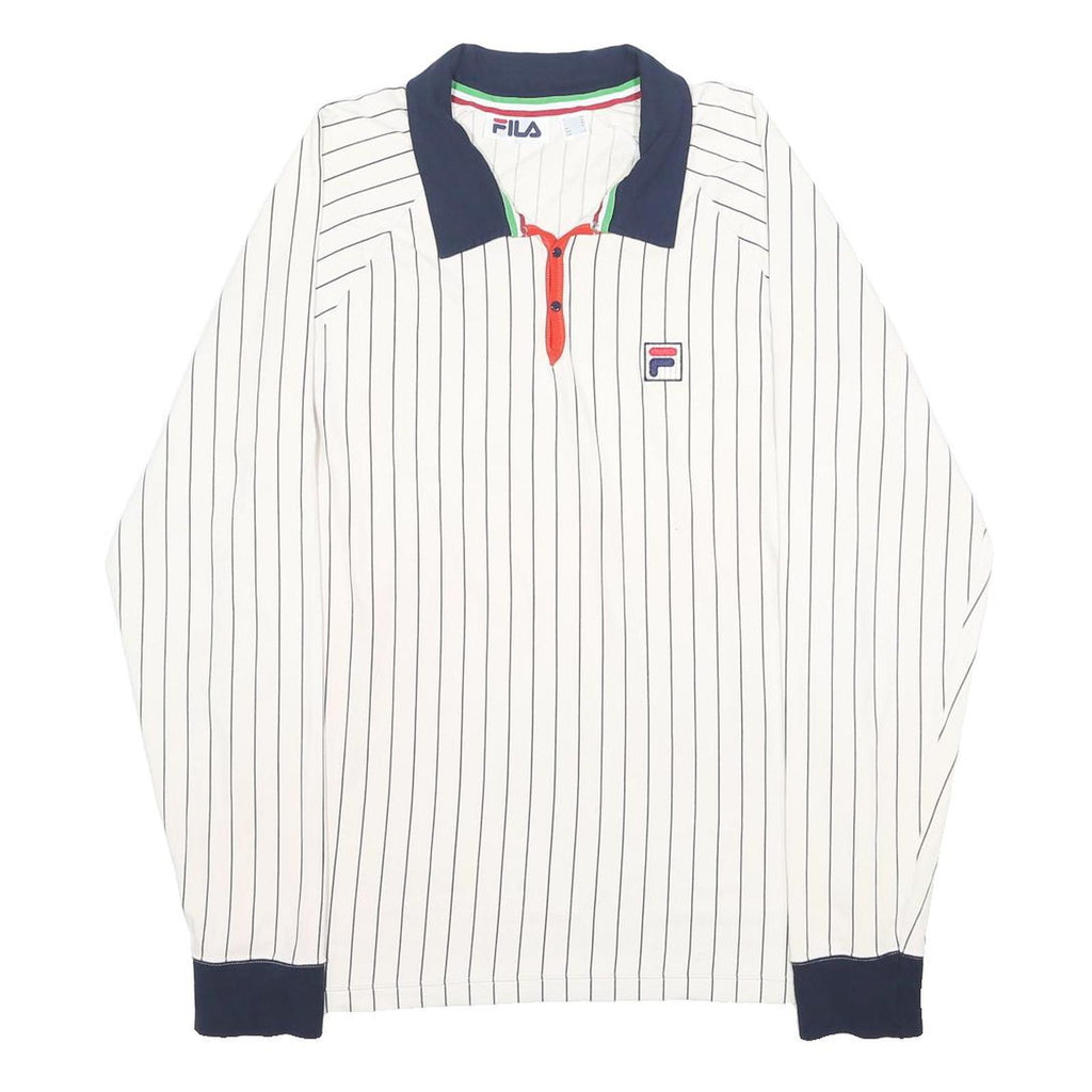 FILA Womens White & Navy Blue Striped Long Sleeve Polo Shirt XL Cotton Blend