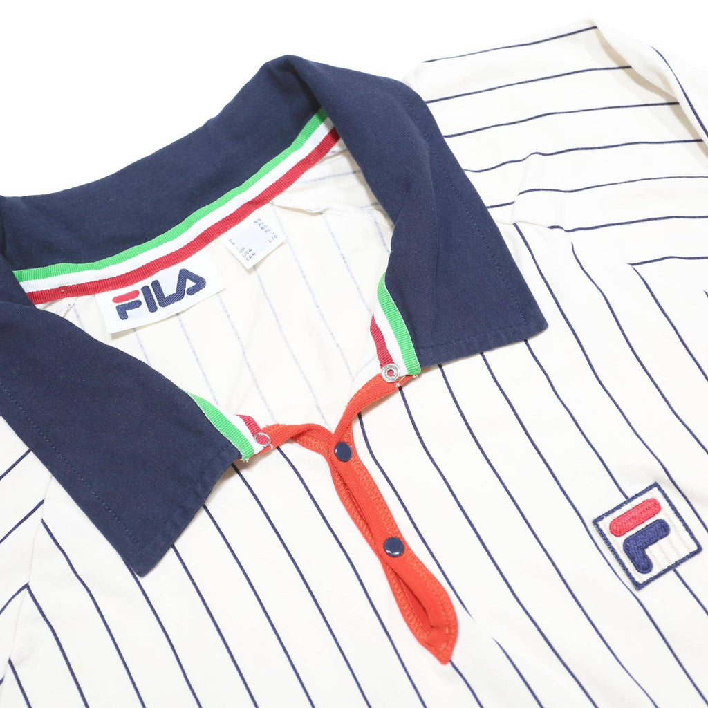 FILA Womens White & Navy Blue Striped Long Sleeve Polo Shirt XL Cotton Blend