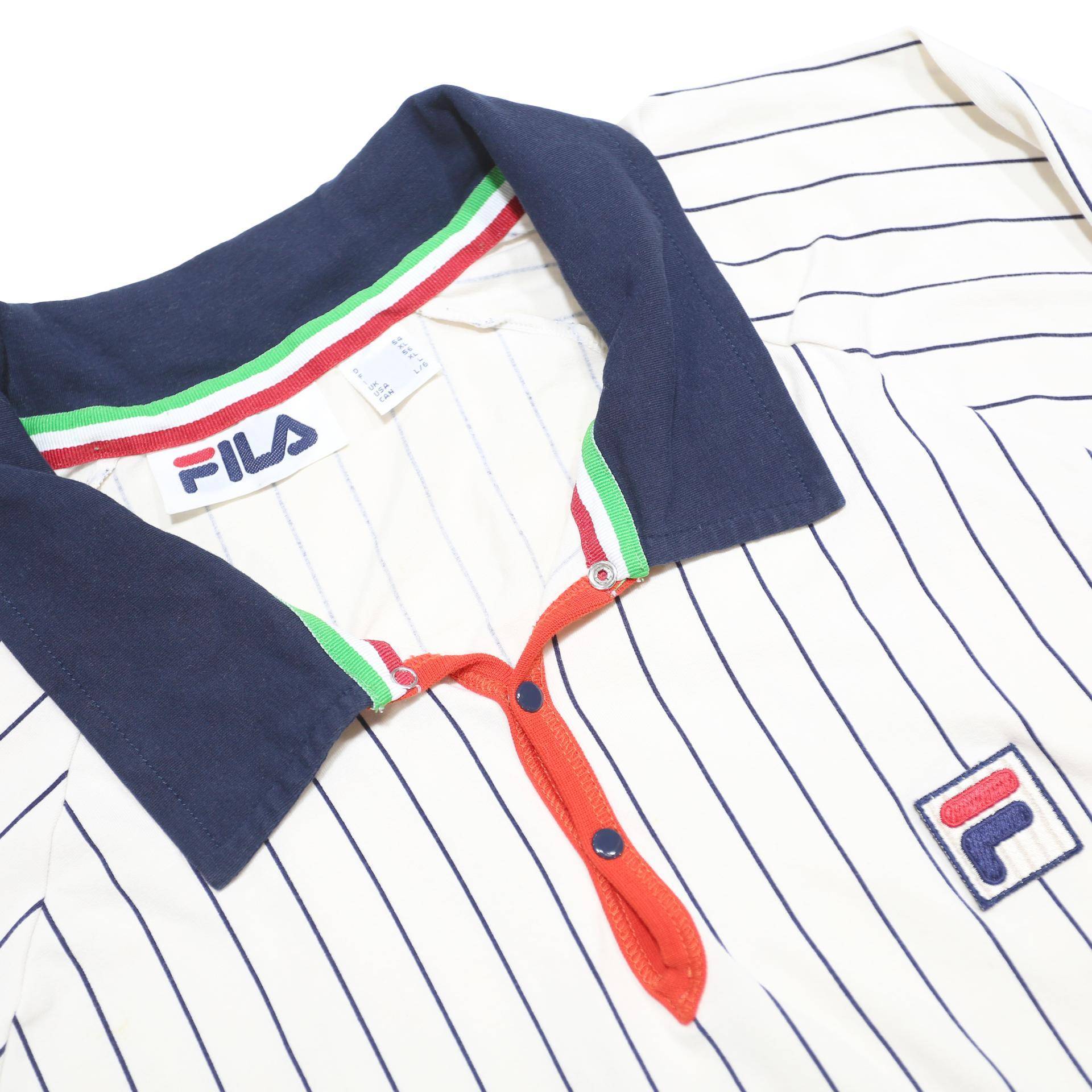 FILA Womens White & Navy Blue Striped Long Sleeve Polo Shirt XL Cotton Blend