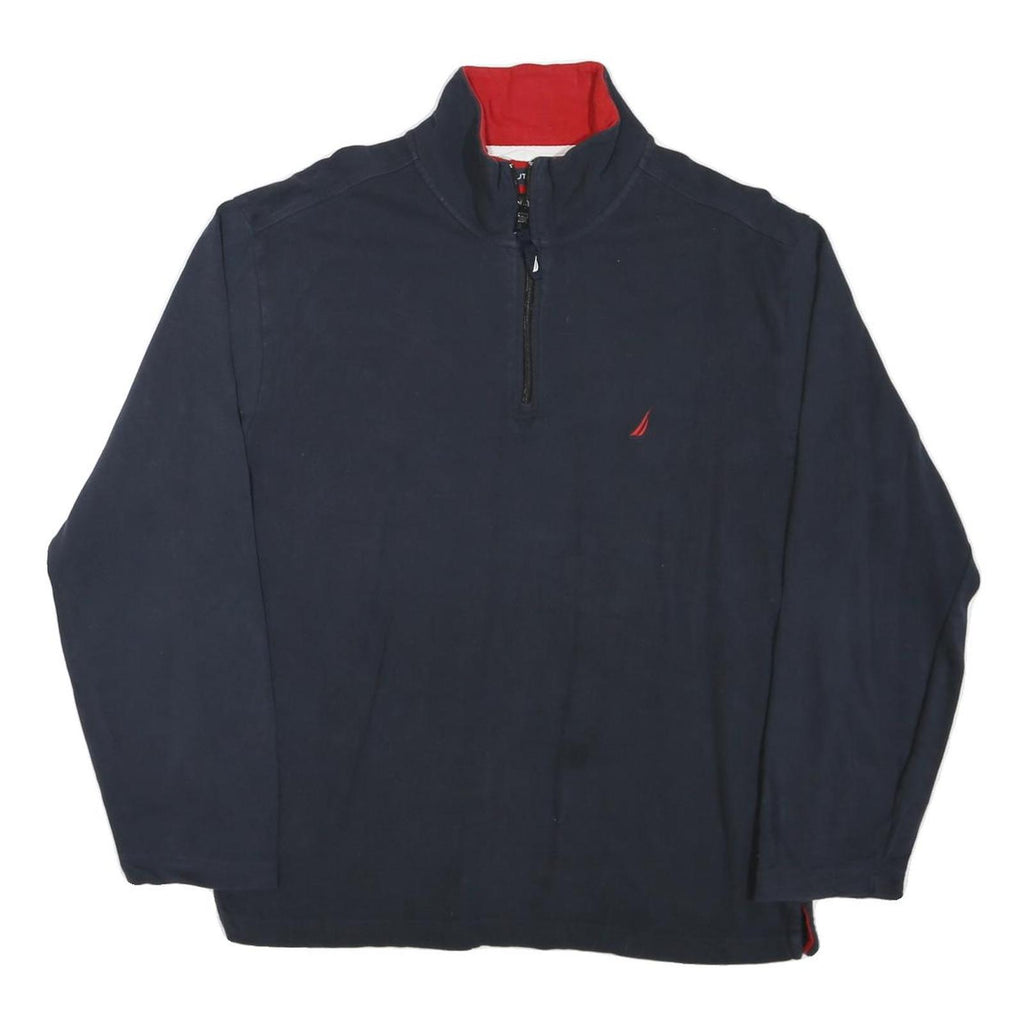 NAUTICA Mens Navy Cotton Blend Plain Pullover Quarter Zip Jumper L Casual