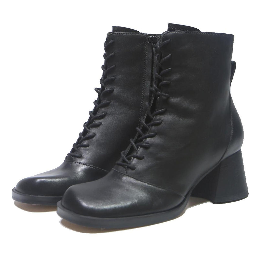 CHARLES & KEITH Womens Black Leather Lace-Up Ankle Boots UK 4 Stylish Chunky