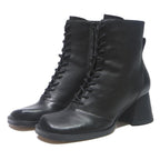 CHARLES & KEITH Womens Black Leather Lace-Up Ankle Boots UK 4 Stylish Chunky