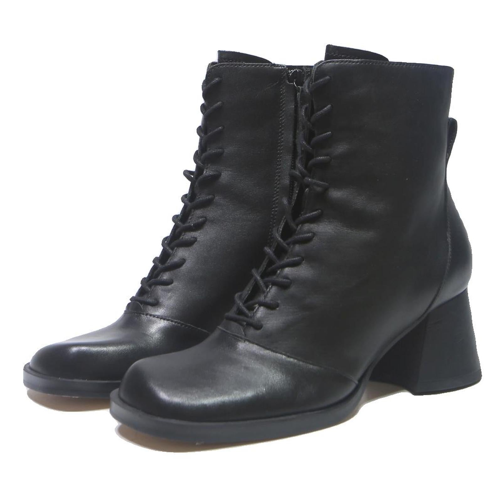 CHARLES & KEITH Womens Black Leather Lace-Up Ankle Boots UK 4 Stylish Chunky