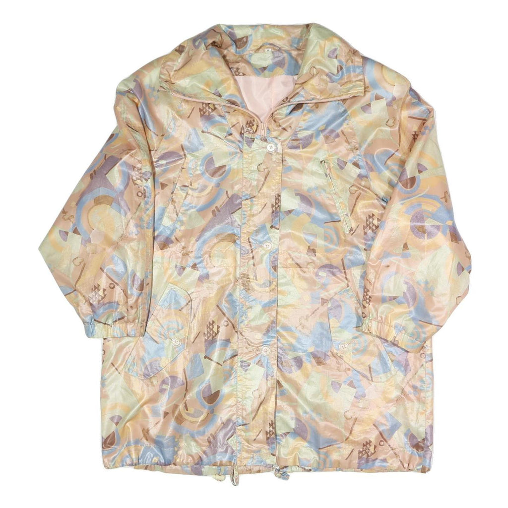 Womens Beige Geometric Pattern Zip Jacket M Polyester Blend Relaxed Fit Retro