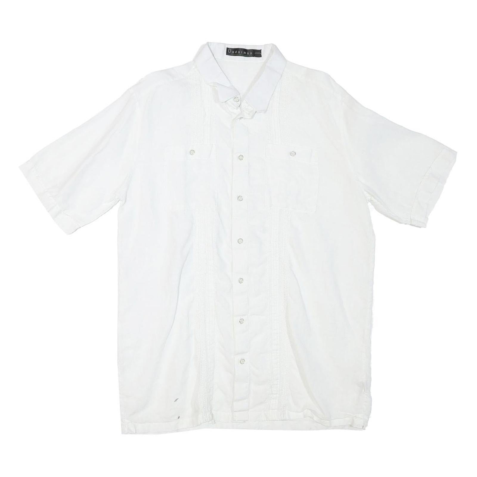 ONESIMUS Mens White Linen Shirt M Button Front Short Sleeve Casual Summer