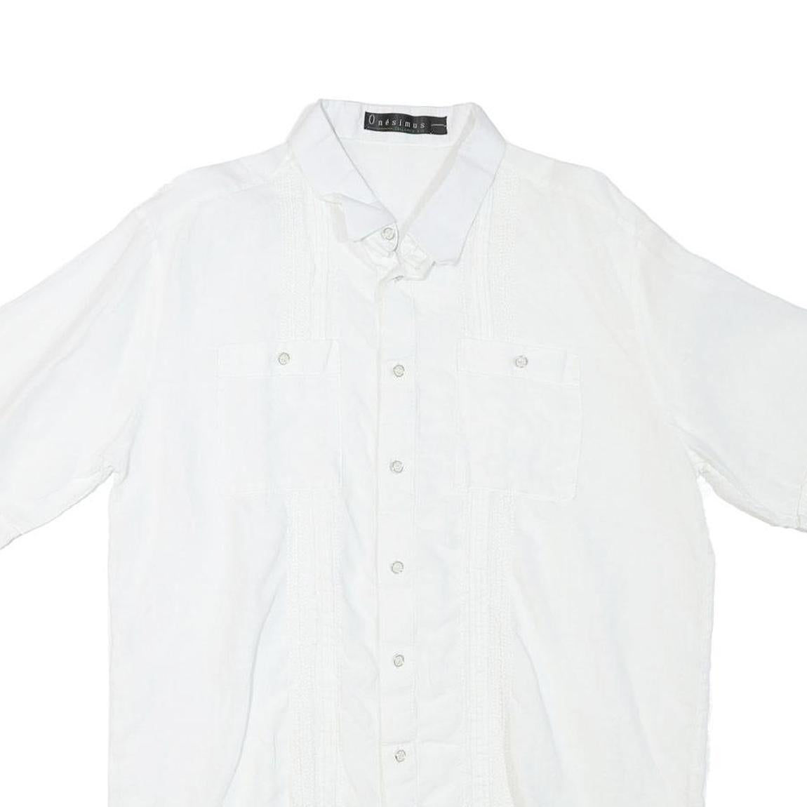 ONESIMUS Mens White Linen Shirt M Button Front Short Sleeve Casual Summer