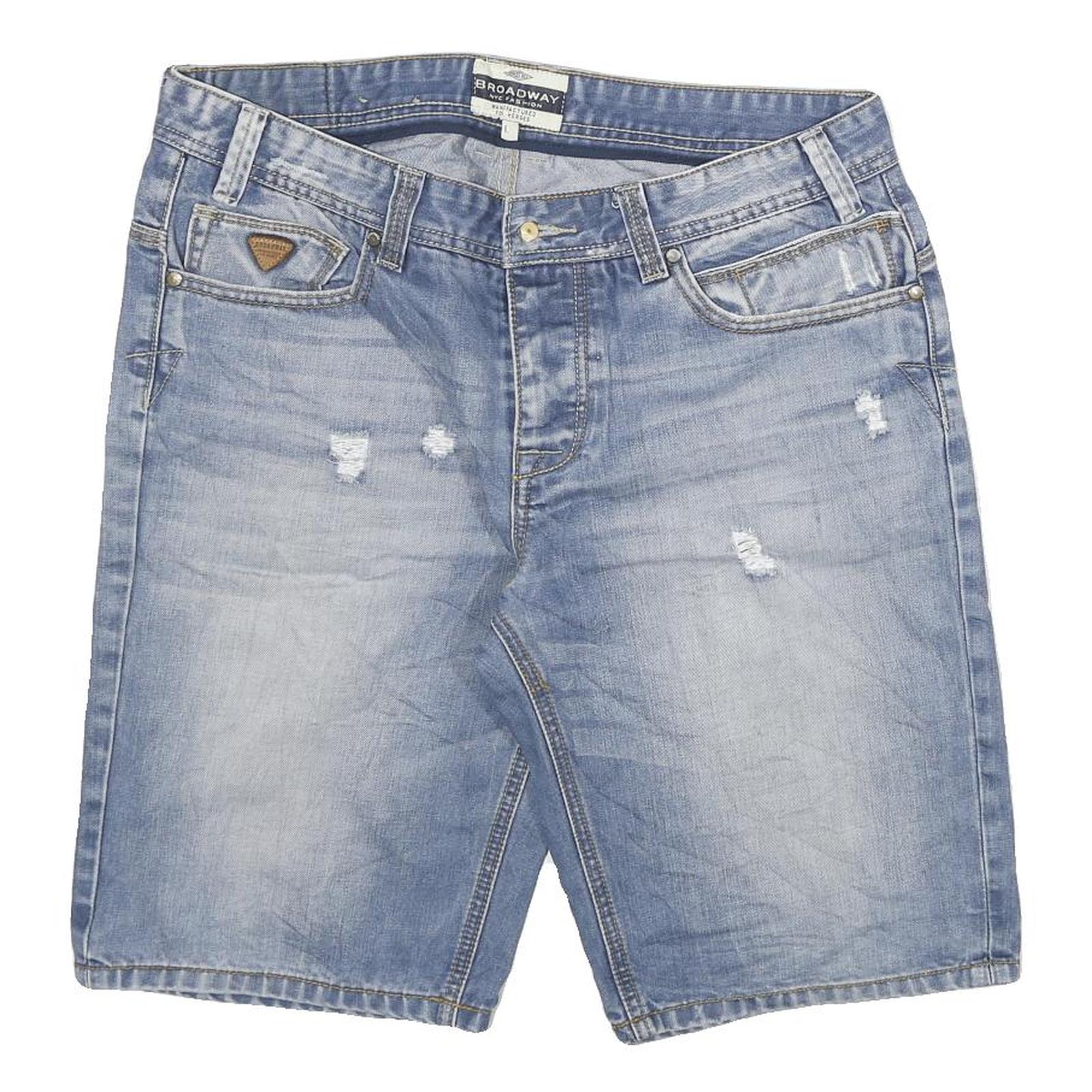 BROADWAY Mens Denim Blue Casual Shorts L W34 Distressed Cotton Blend