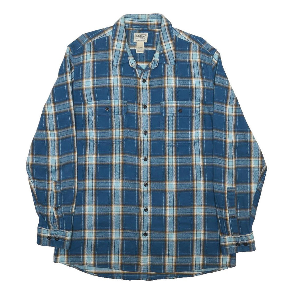 LL BEAN Mens Blue & Brown Plaid Shirt L Cotton Long Sleeve Casual