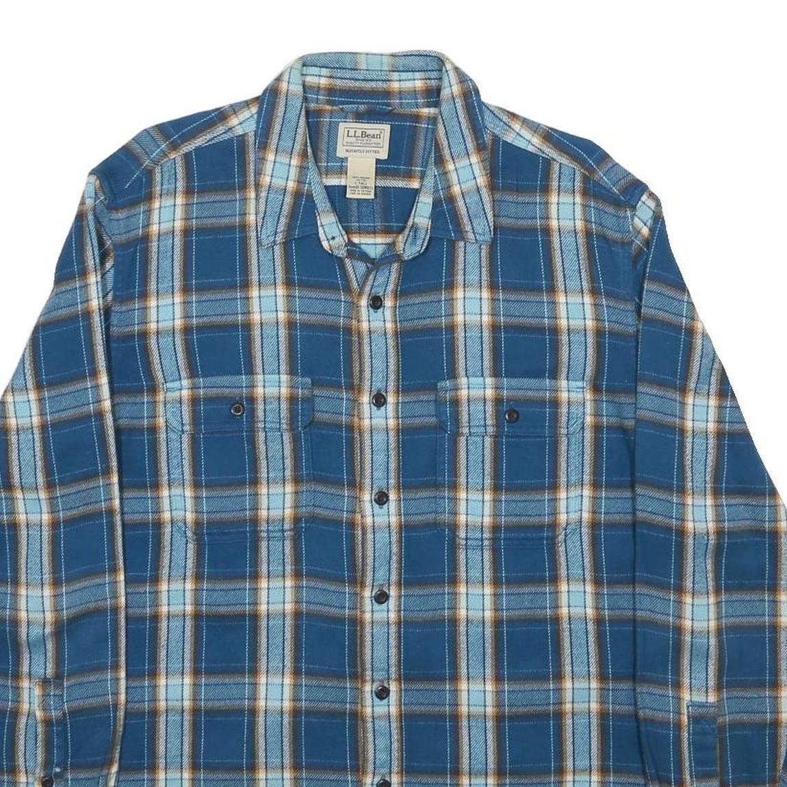 LL BEAN Mens Blue & Brown Plaid Shirt L Cotton Long Sleeve Casual