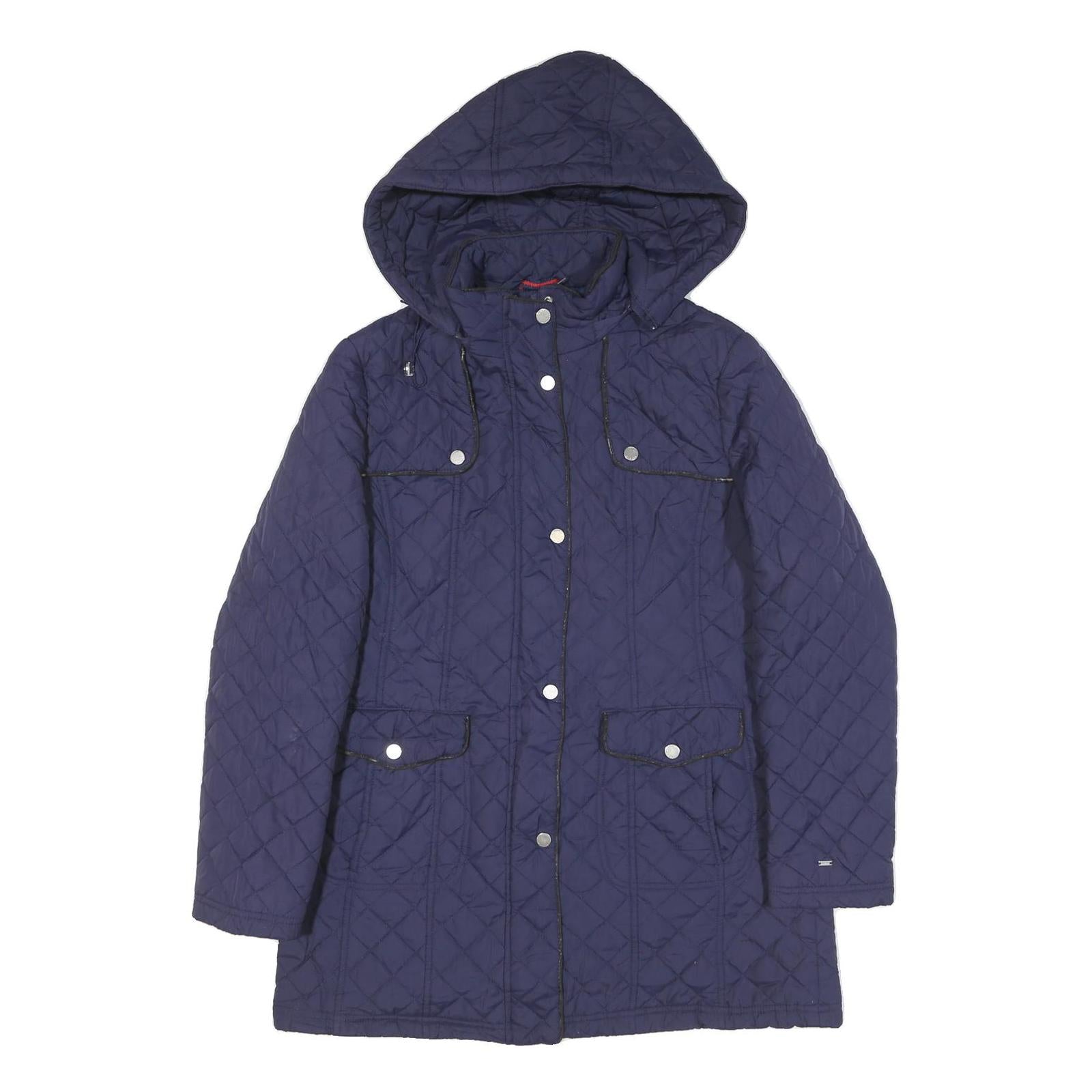 TOMMY HILFIGER Womens Blue Quilted Hooded Jacket M Polyester Blend Zip
