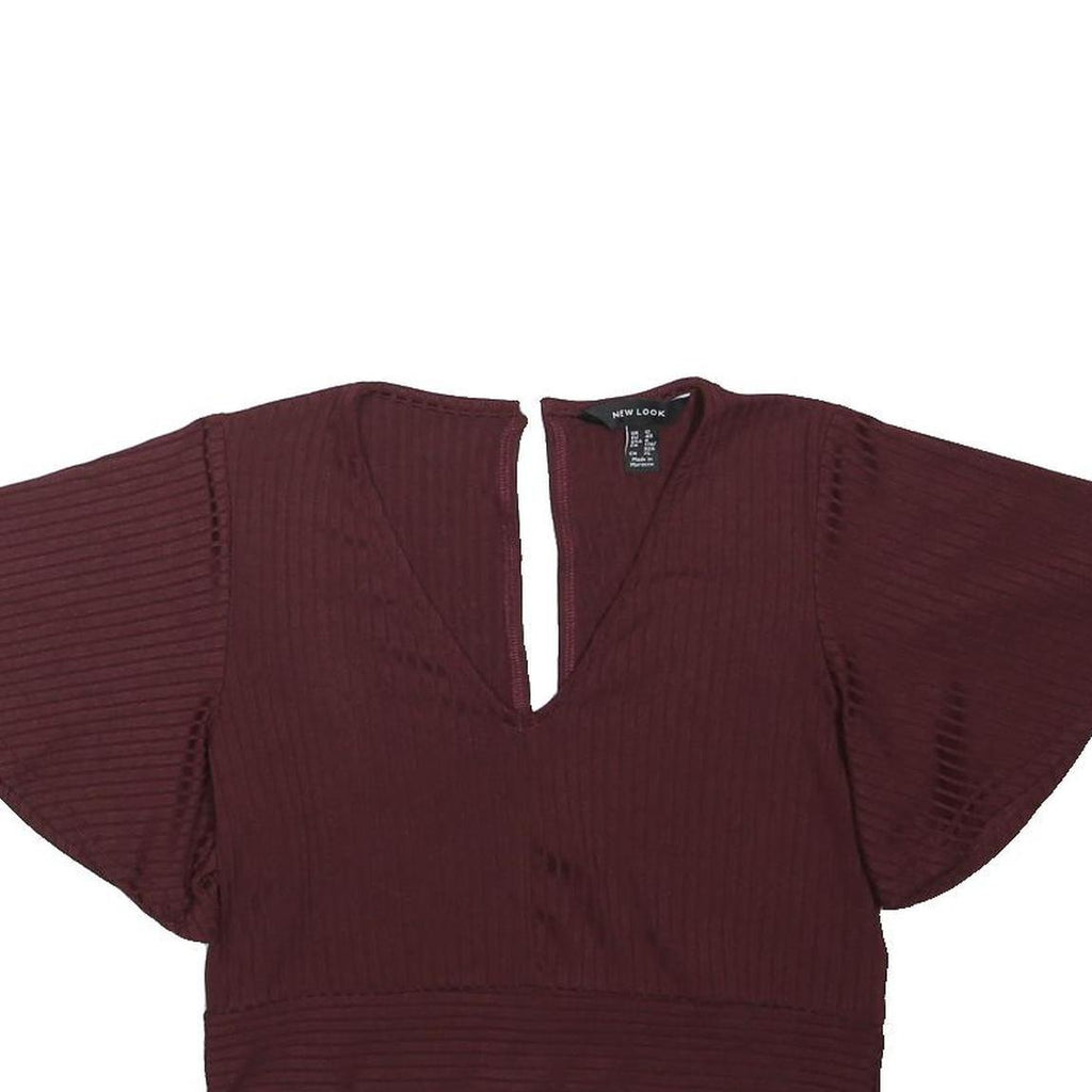 NEW LOOK Womens Maroon Printed Top Short Sleeve V-Neck UK 12 Ribbed Cotton Blend