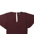 NEW LOOK Womens Maroon Printed Top Short Sleeve V-Neck UK 12 Ribbed Cotton Blend