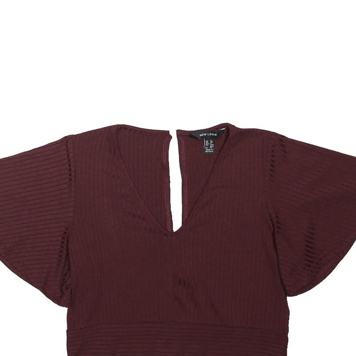 NEW LOOK Womens Maroon Printed Top Short Sleeve V-Neck UK 12 Ribbed Cotton Blend