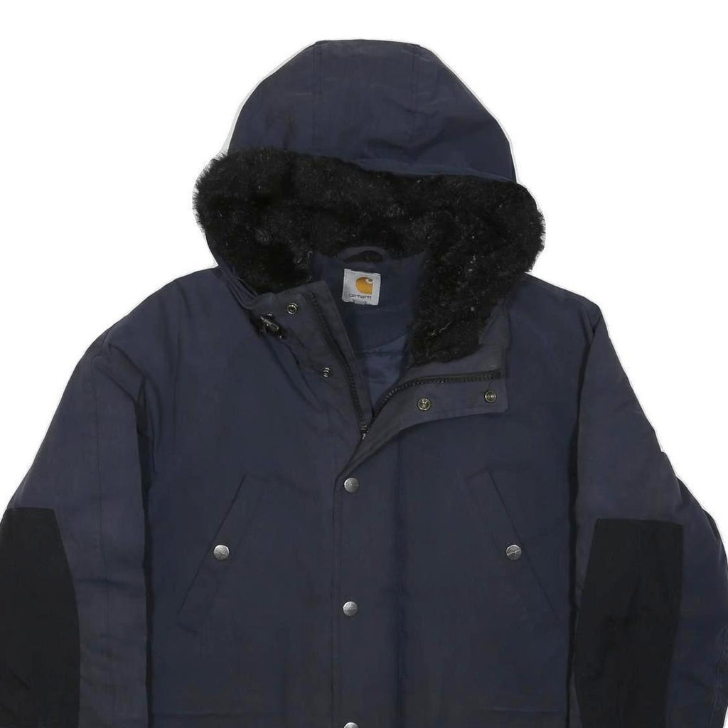 CARHARTT Mens Navy Blue Outdoor Jacket S Polyester Blend Zip Hooded Plain