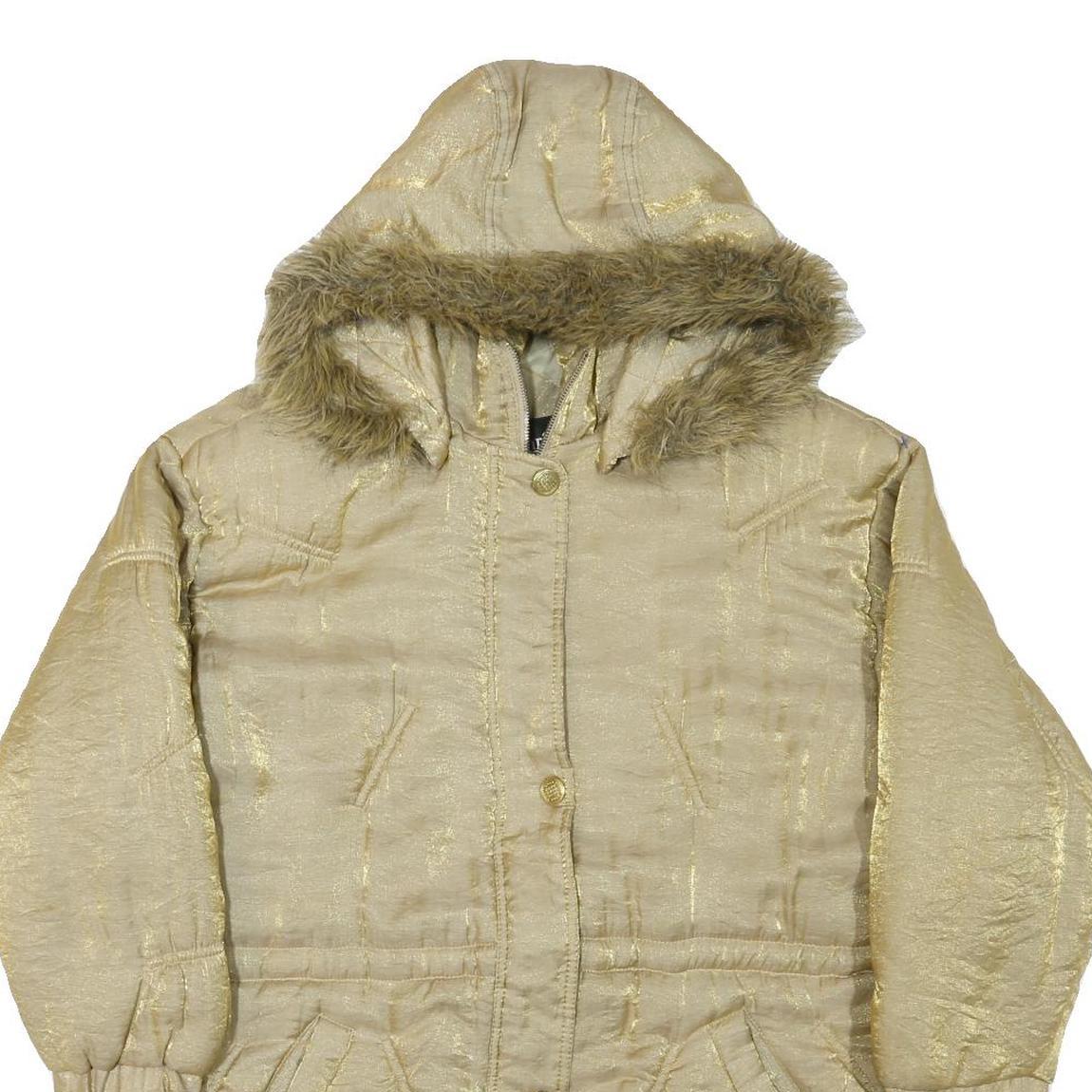 MARIEL Womens Beige & Gold Hooded Zip Jacket M Nylon Shiny Finish Casual