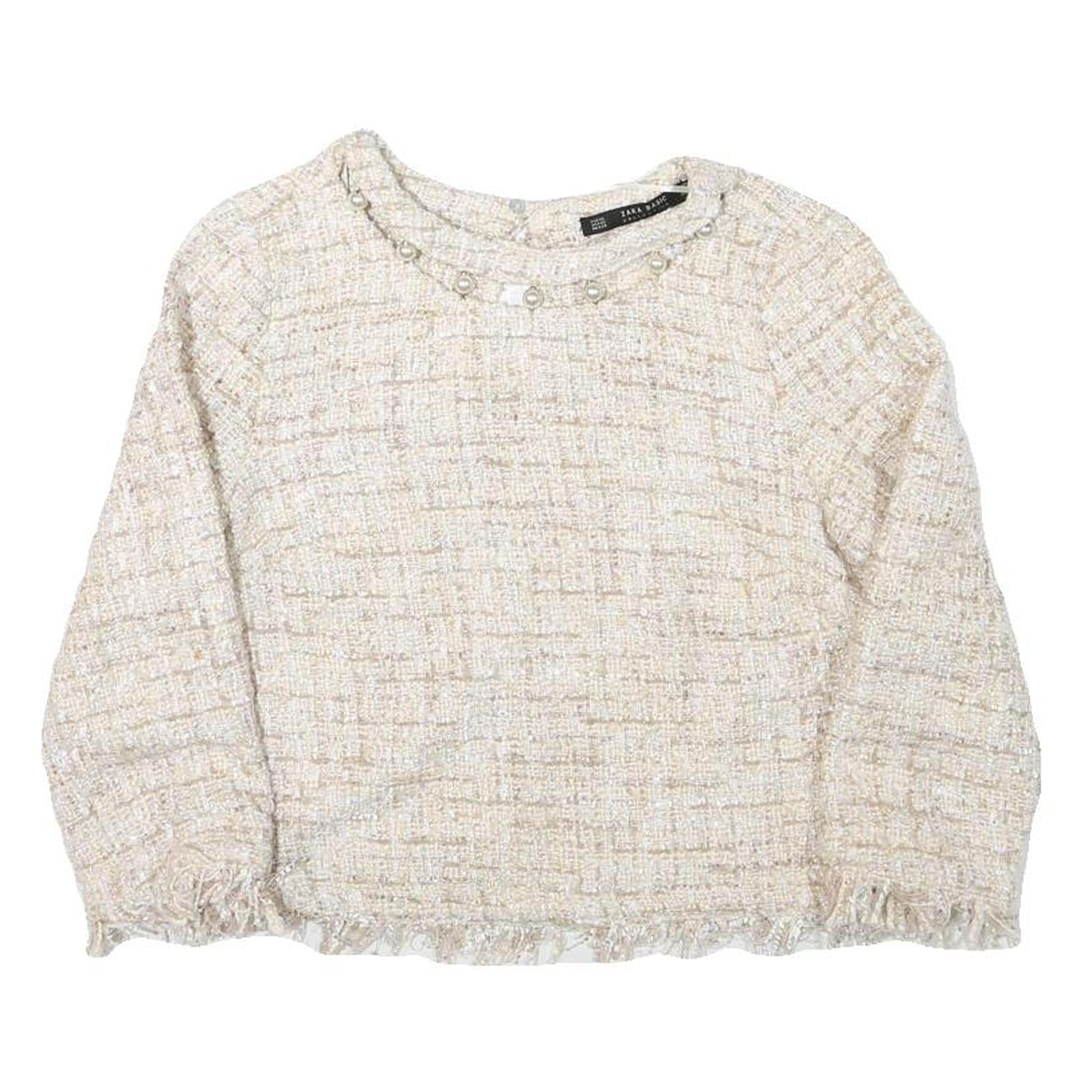 ZARA BASIC Womens Cream Patterned Jumper Crew Neck Basic Knit XS Elegant Style