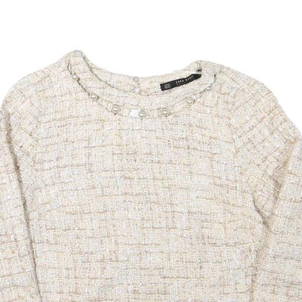 ZARA BASIC Womens Cream Patterned Jumper Crew Neck Basic Knit XS Elegant Style