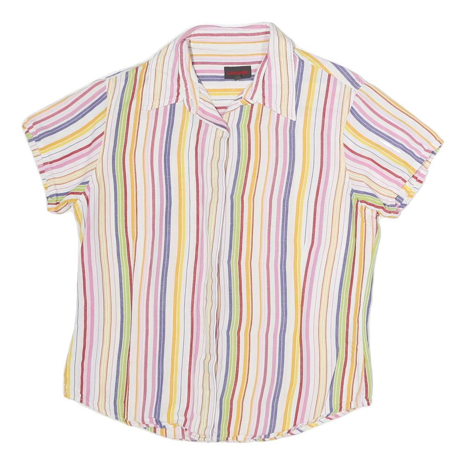 INVISTA Womens White & Pink Striped Shirt L Cotton Blend Short Sleeve Button