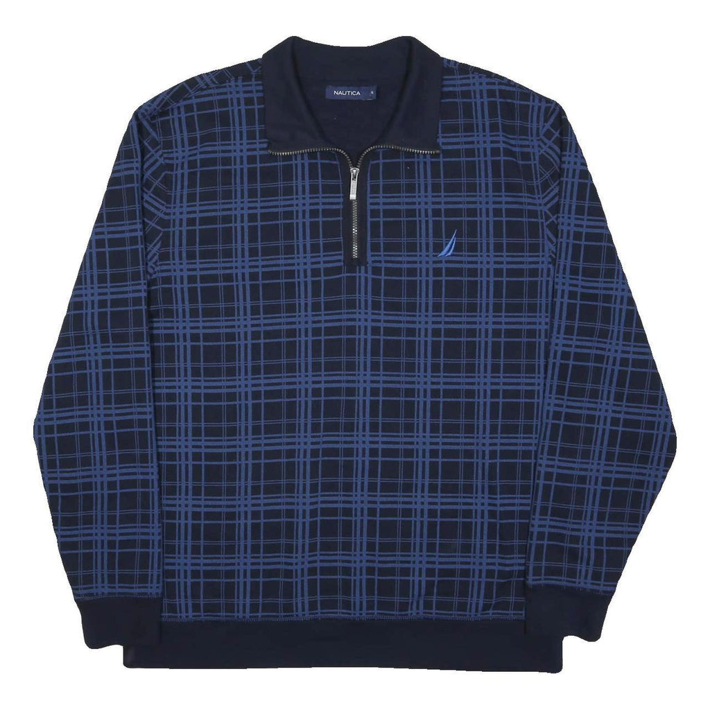 NAUTICA Mens Blue Checked 1/4 Zip Collar 2XL Cotton Blend Sweatshirt Relaxed Fit